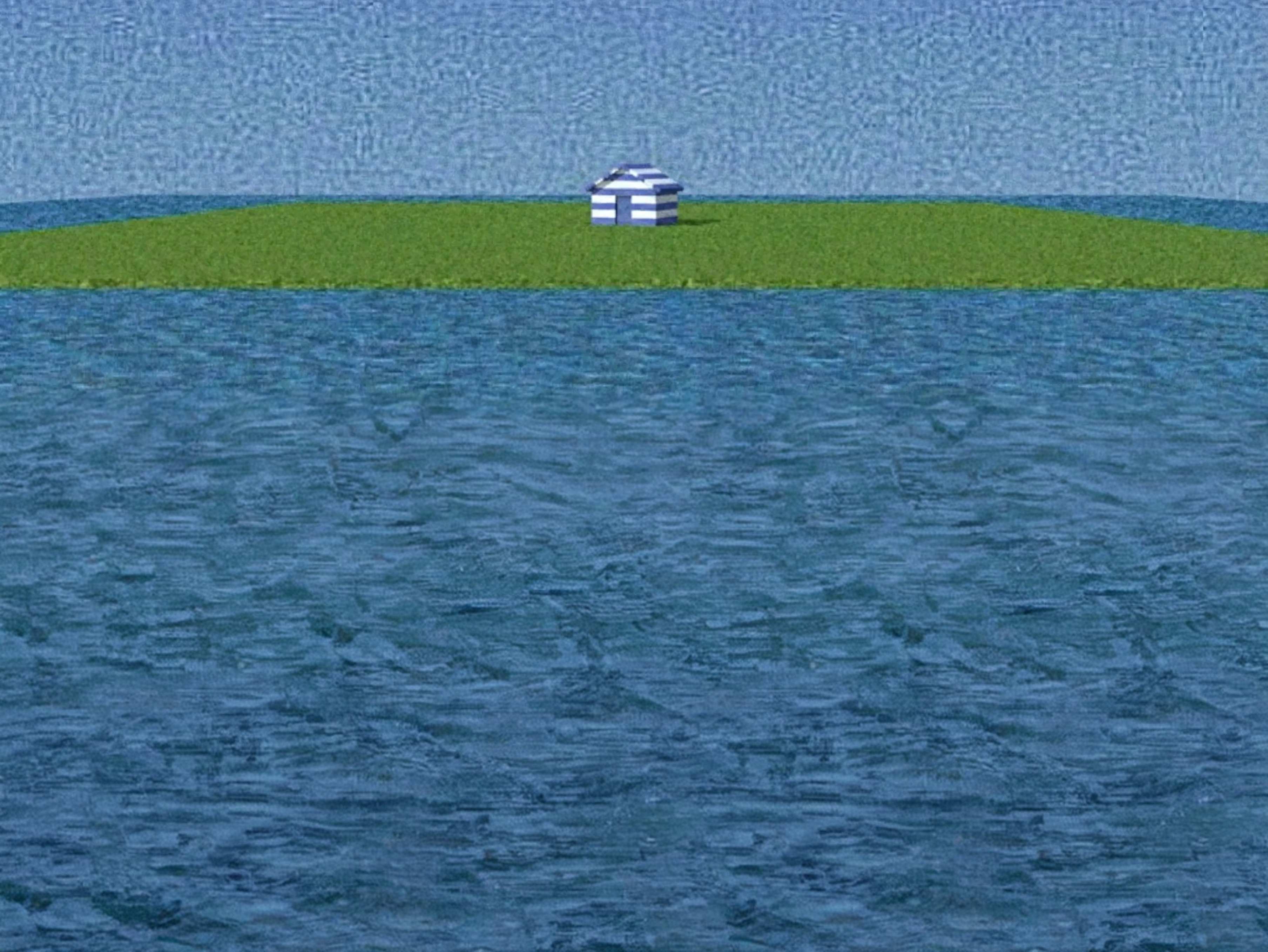 Island with blue and white striped house